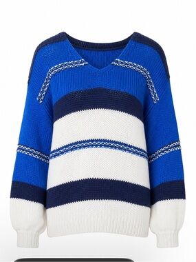 Cozy V‑Neck Striped open Knit Sweater in Blue, Navy & White